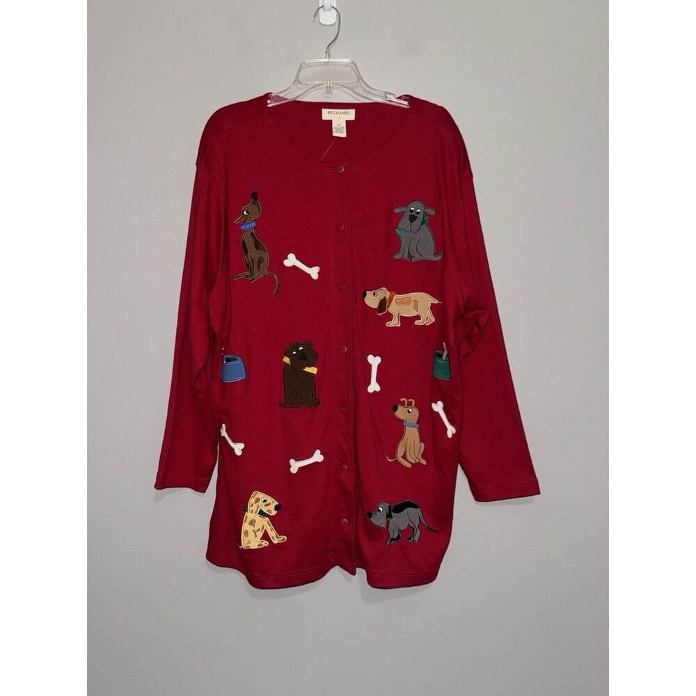Vtg Bechamel Embroidered Dog Novelty Top Button Sweater Shirt Cardigan Red 2X - Picture 5 of 13